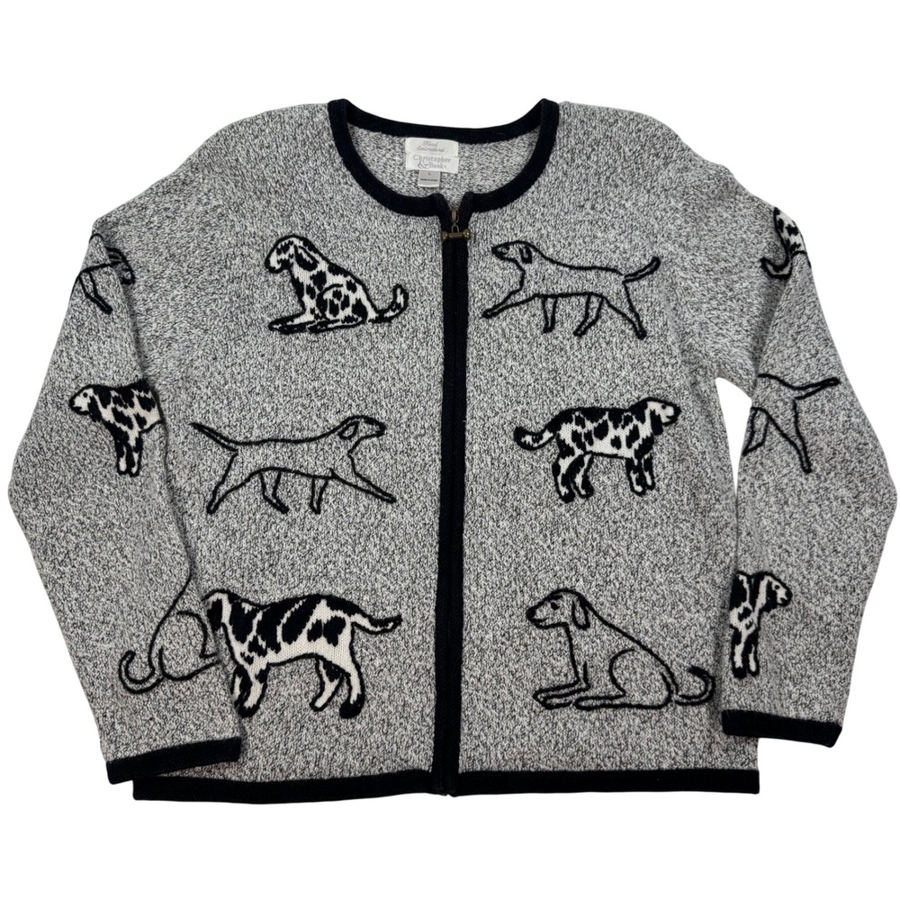 Christopher & Banks Dog Embroidered Zip Cardigan Grey Marled Knit Bone Pull L